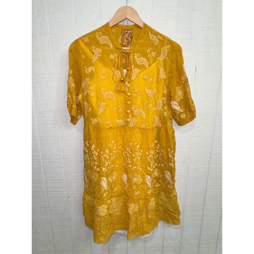 Johnny Was Embroidered Cupro Dress Women Small Yellow Paisley Tassel New